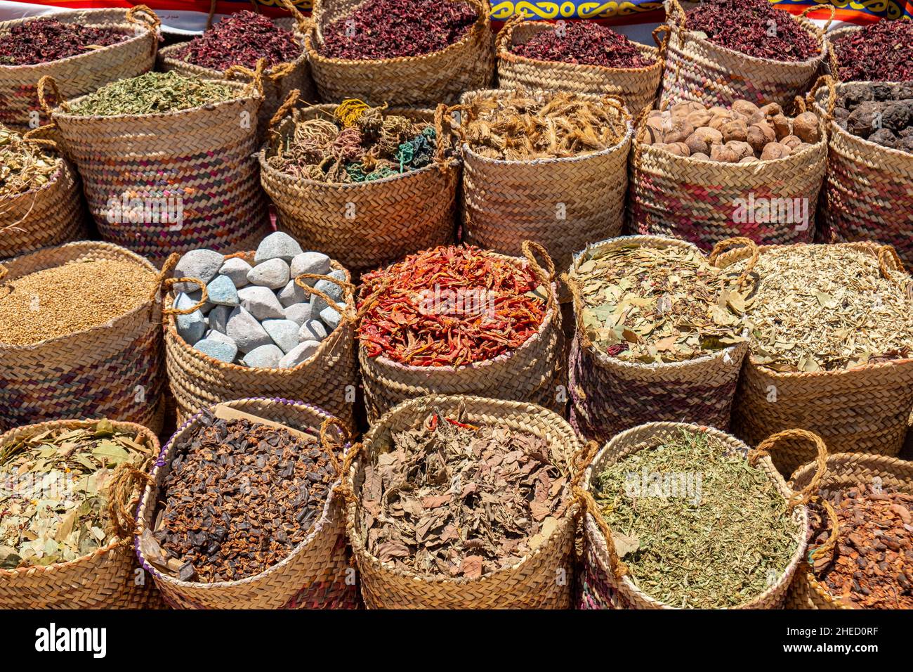 Egypt, Upper Egypt, Nile Valley, Aswan, Nubian village, spice stall Stock Photo