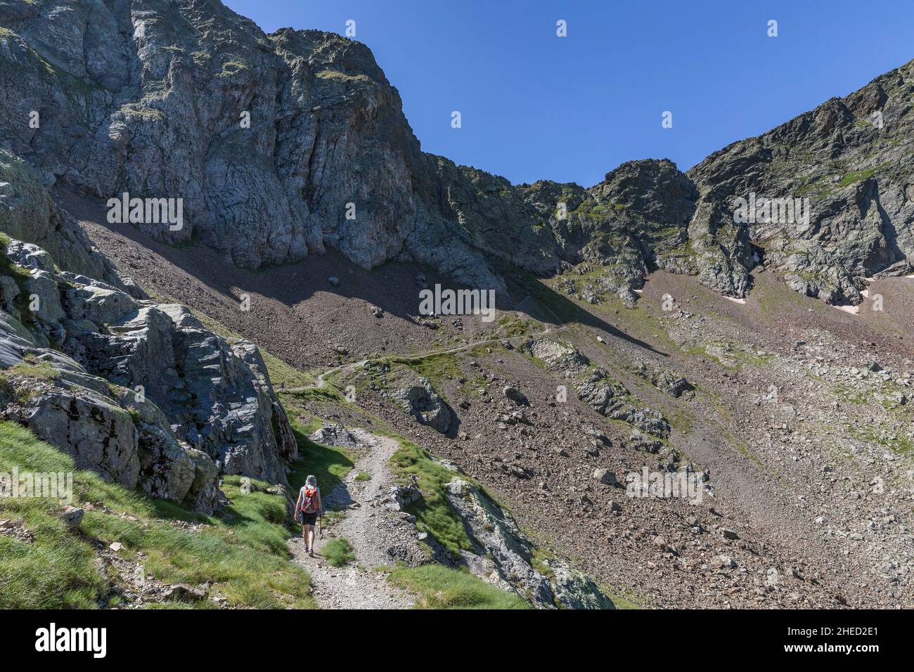 France, Haute Garonne, Bagneres de Luchon, hiker on the Venasque pass near the Spain border Stock Photo