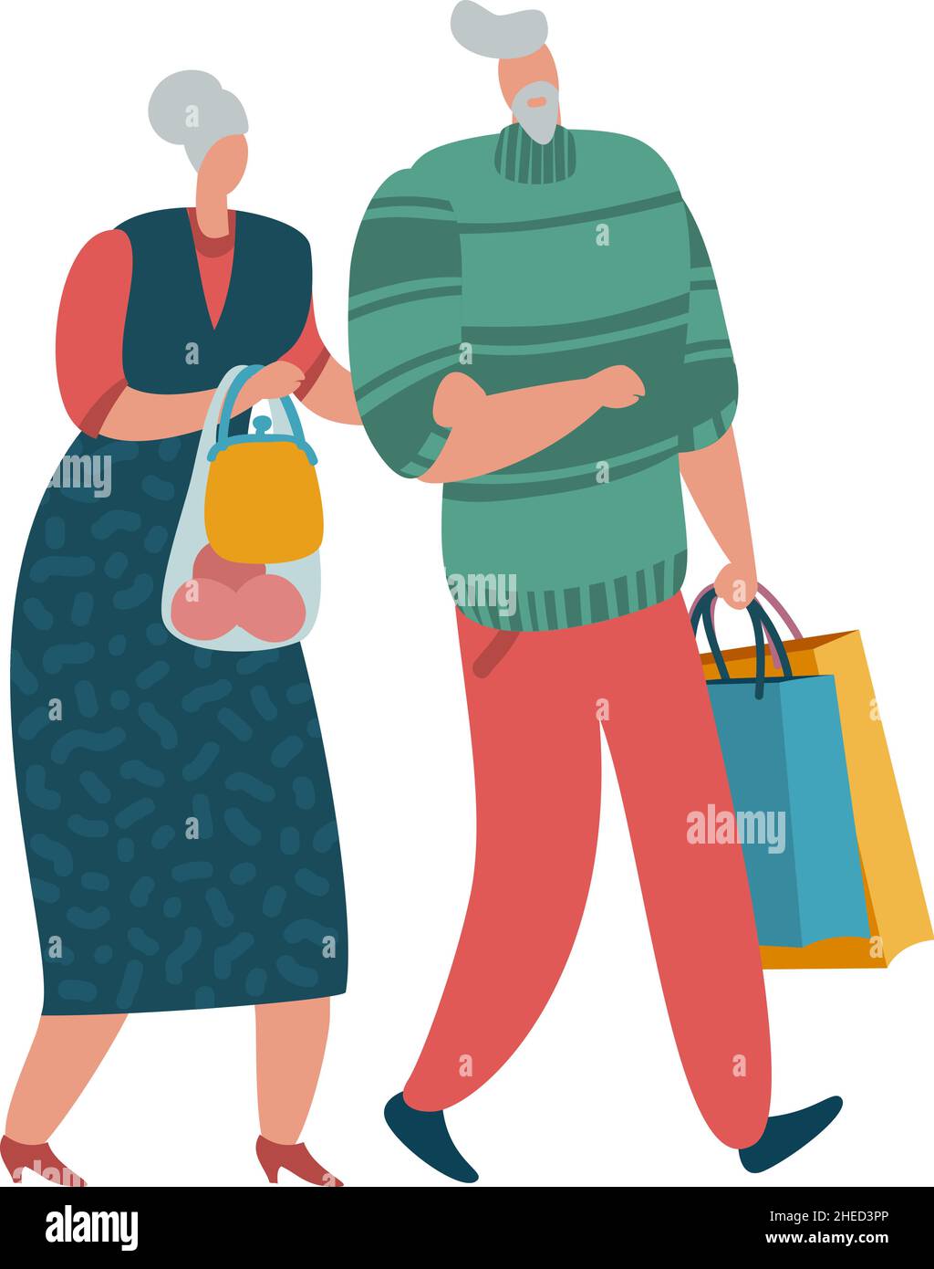 Old couple going with grocery bags. Seniors shopping together Stock