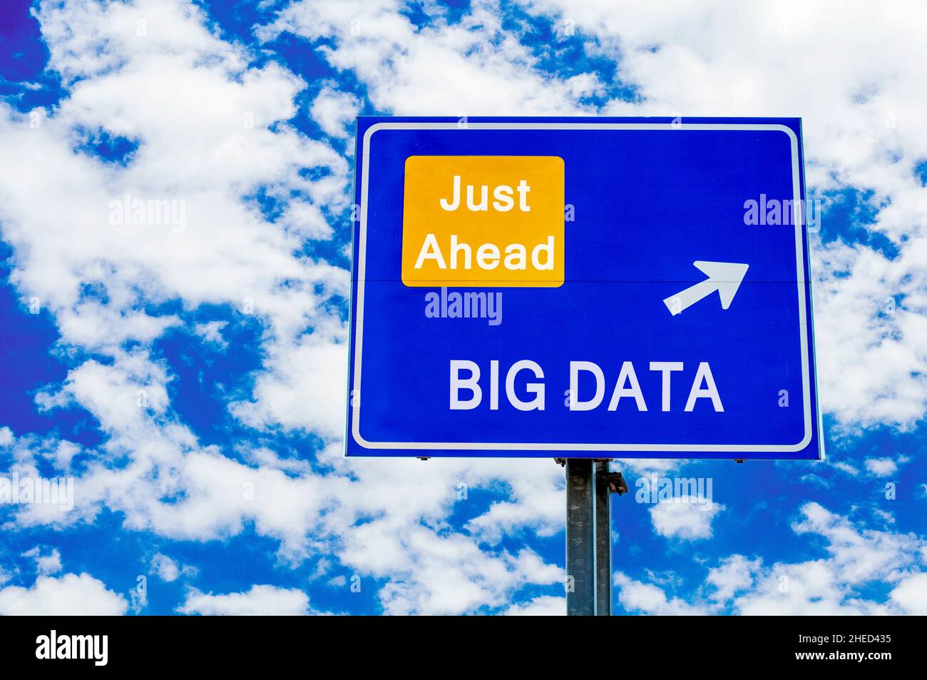 Big Data Just Ahead Blue Road Sign Over Dramatic Cloudy Sky Stock Photo