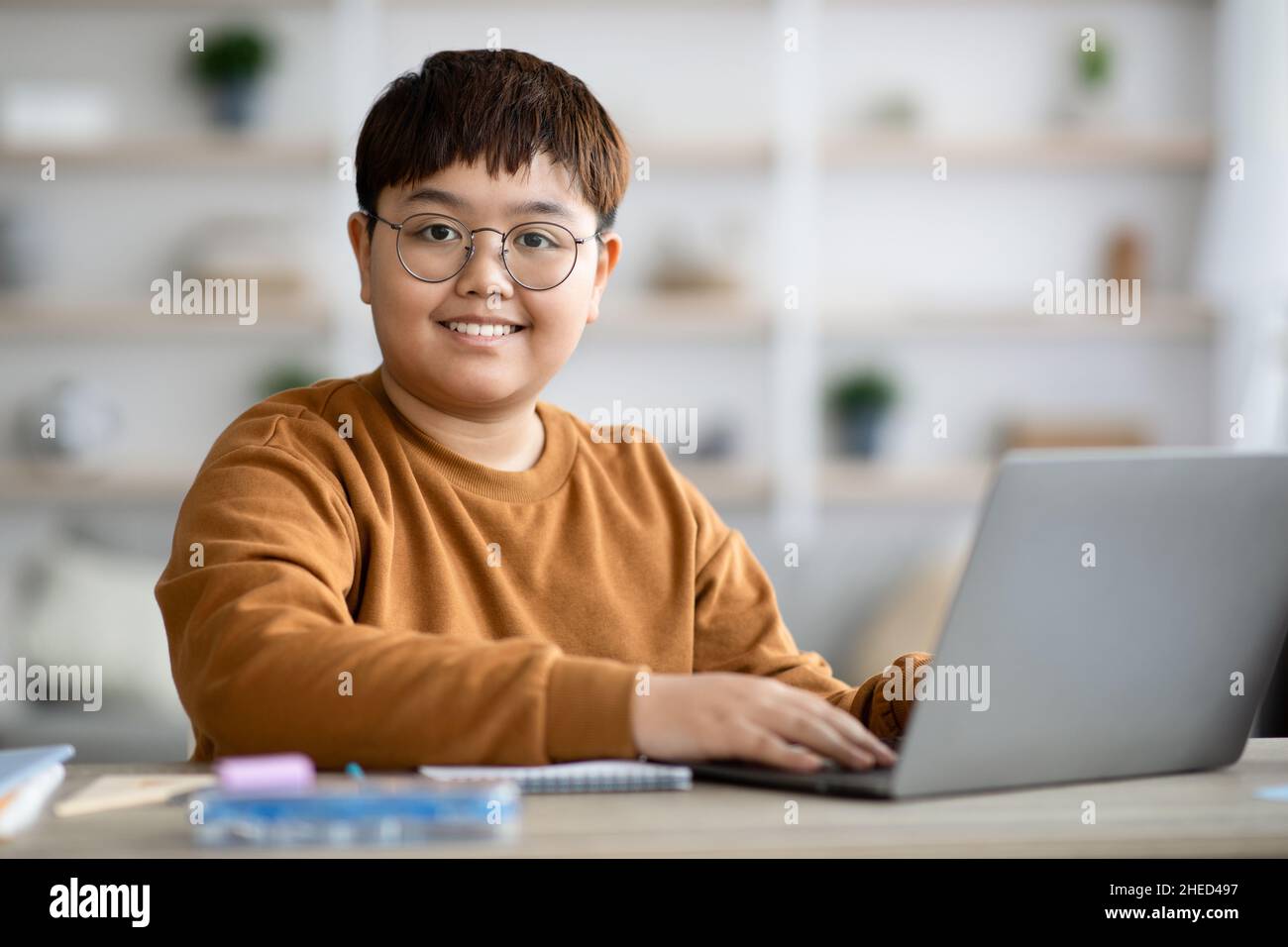 Smart teen boy sitting in front of computer, doing homework Stock Photo