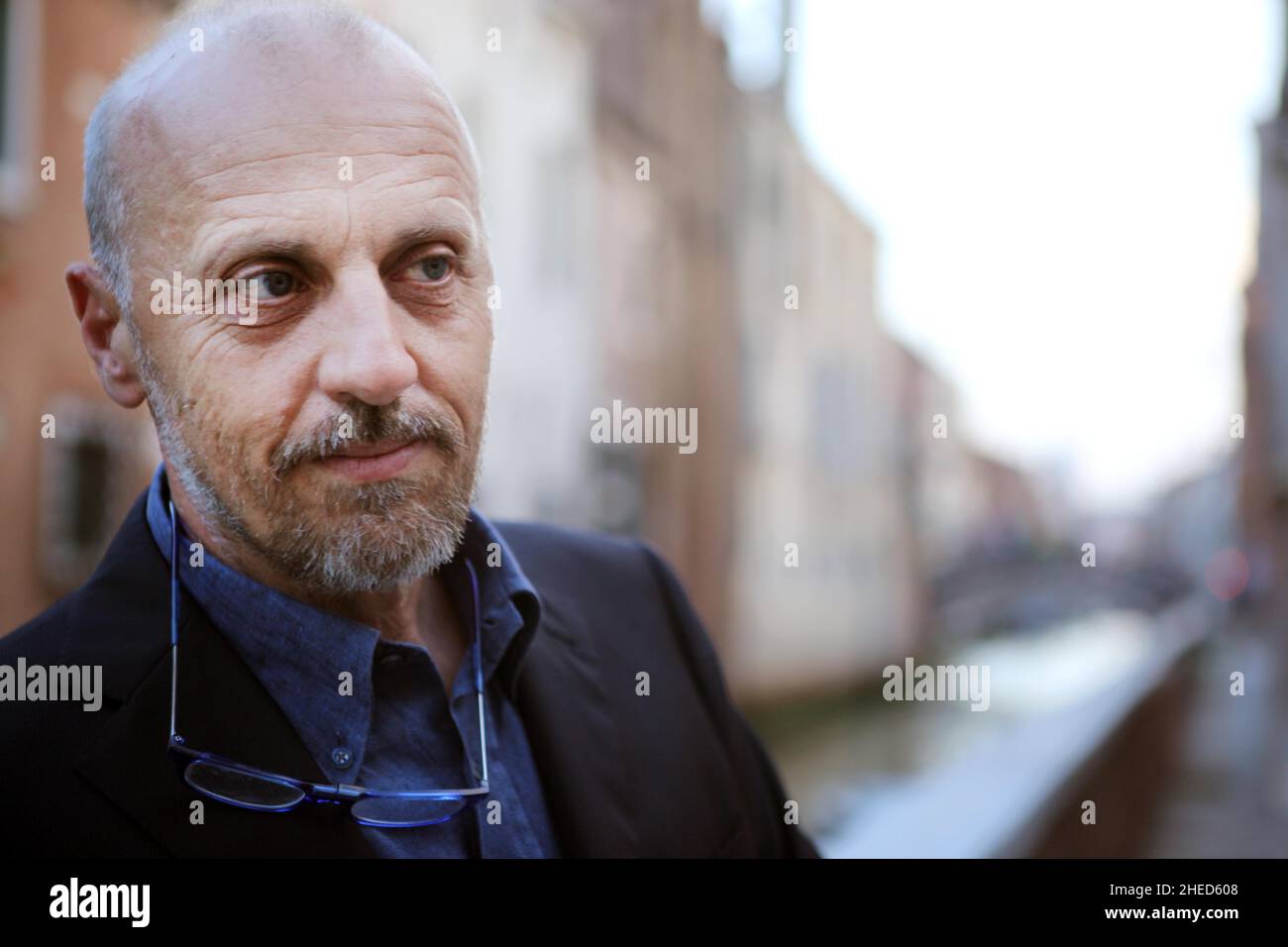 Portraits of Marco Paolini during a charity dinner of the Venice International Foundation. Venice Italy, June 25, 2012. Stock Photo