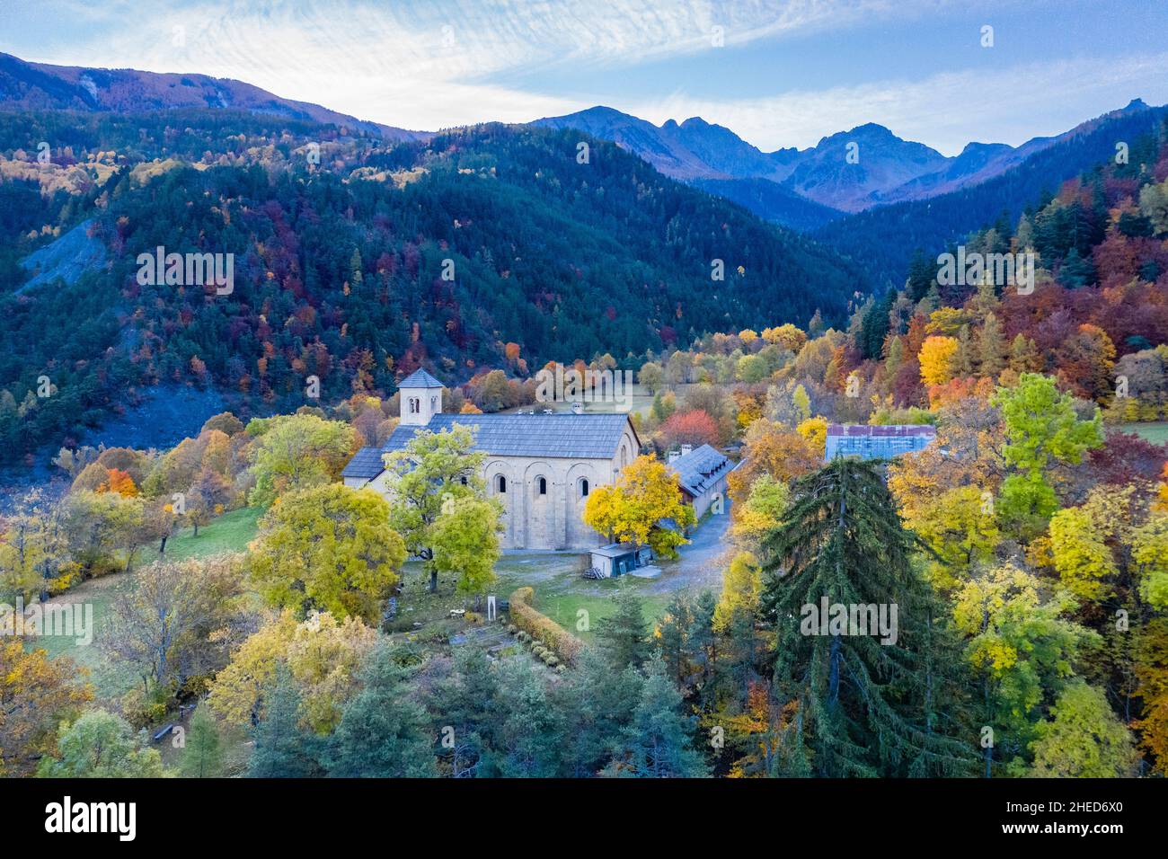 France, Hautes Alpes, Crots, Notre Dame de Boscodon abbey dated 12th century (aerial view) // France, Hautes-Alpes (05), Crots, abbaye Notre-Dame de B Stock Photo