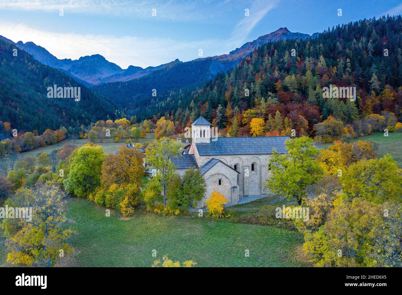 France, Hautes Alpes, Crots, Notre Dame de Boscodon abbey dated 12th century (aerial view) // France, Hautes-Alpes (05), Crots, abbaye Notre-Dame de B Stock Photo