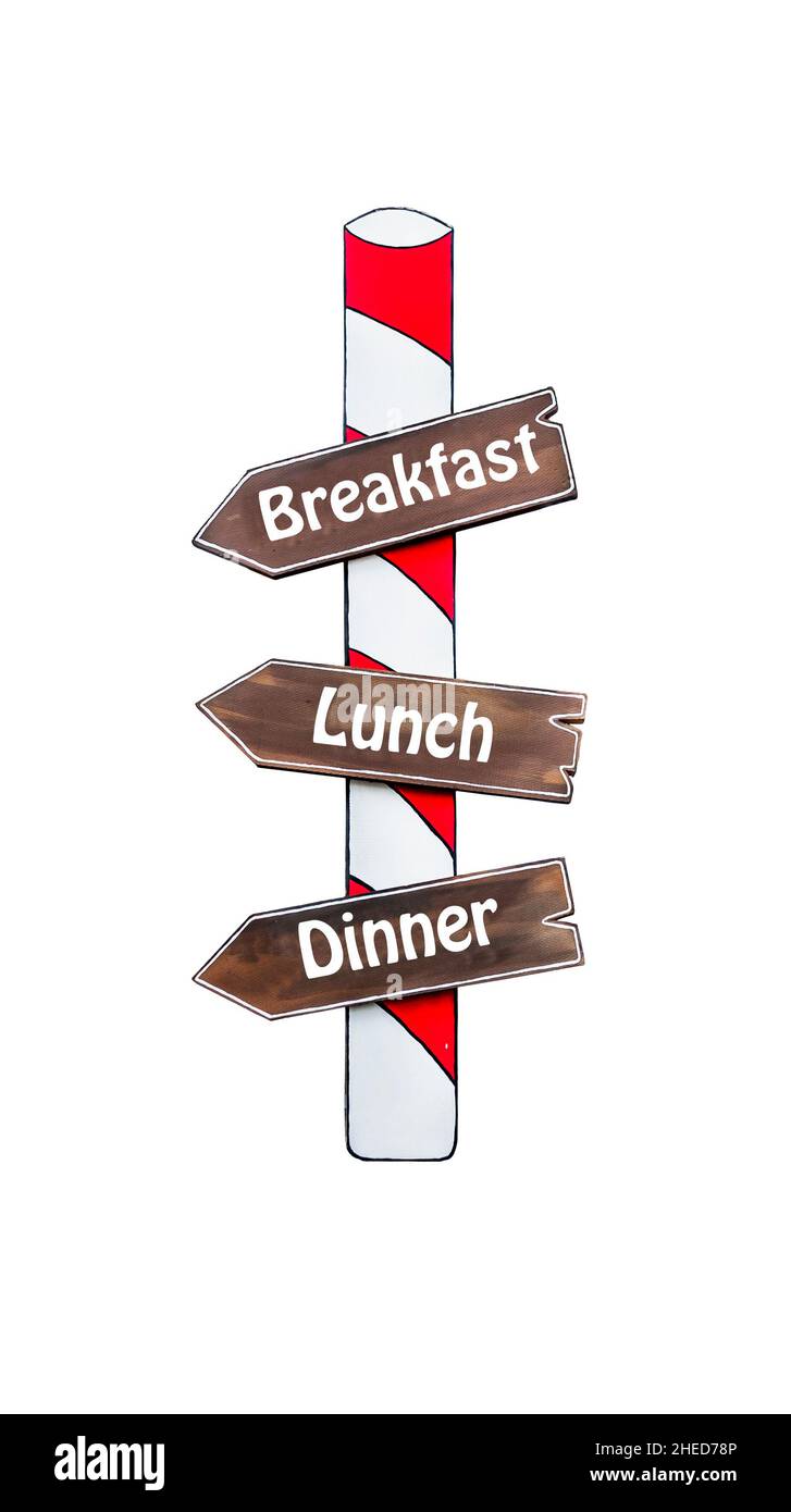 Breakfast, lunch and dinner arrow road sign pointing isolated on white Stock Photo