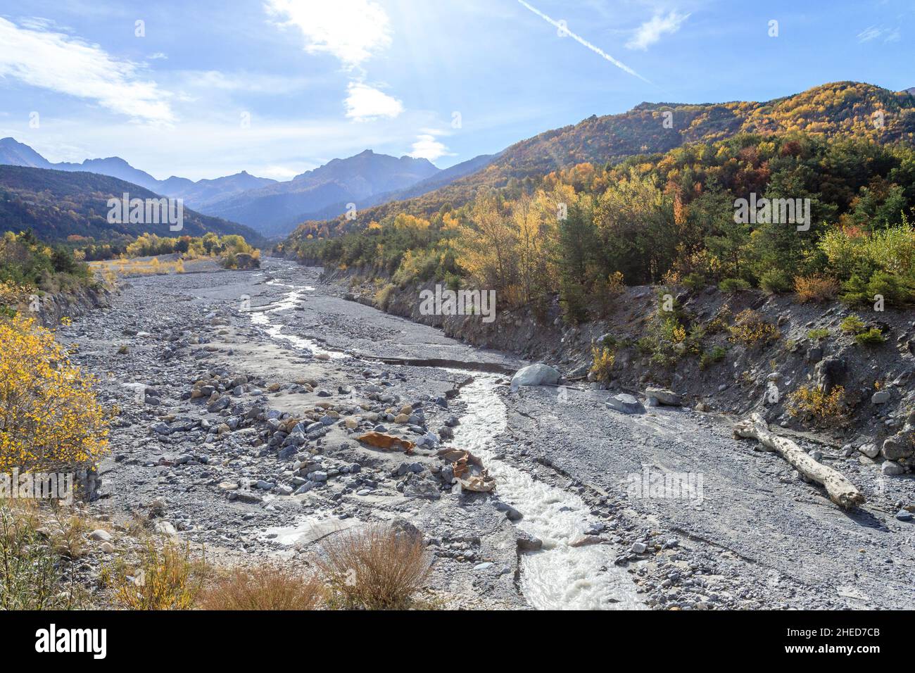 France, Hautes Alpes, Crots, Boscodon state Forest in autumn, the torrent of Boscodon and raving // France, Hautes-Alpes (05), Crots, forêt domaniale Stock Photo