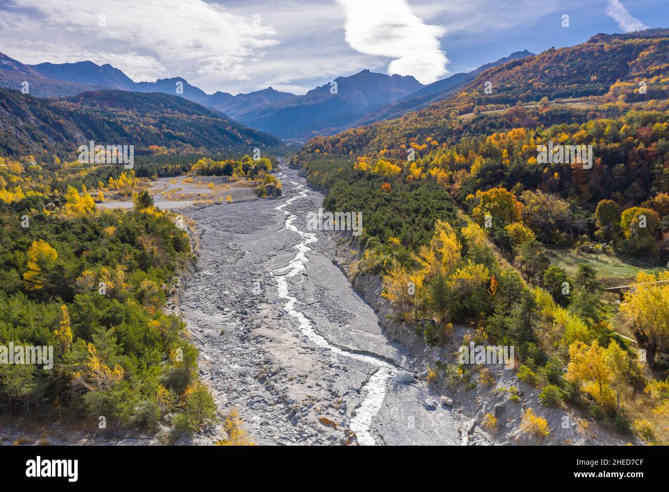 France, Hautes Alpes, Crots, Boscodon state Forest in autumn, the torrent of Boscodon and raving (aerial view) // France, Hautes-Alpes (05), Crots, fo Stock Photo