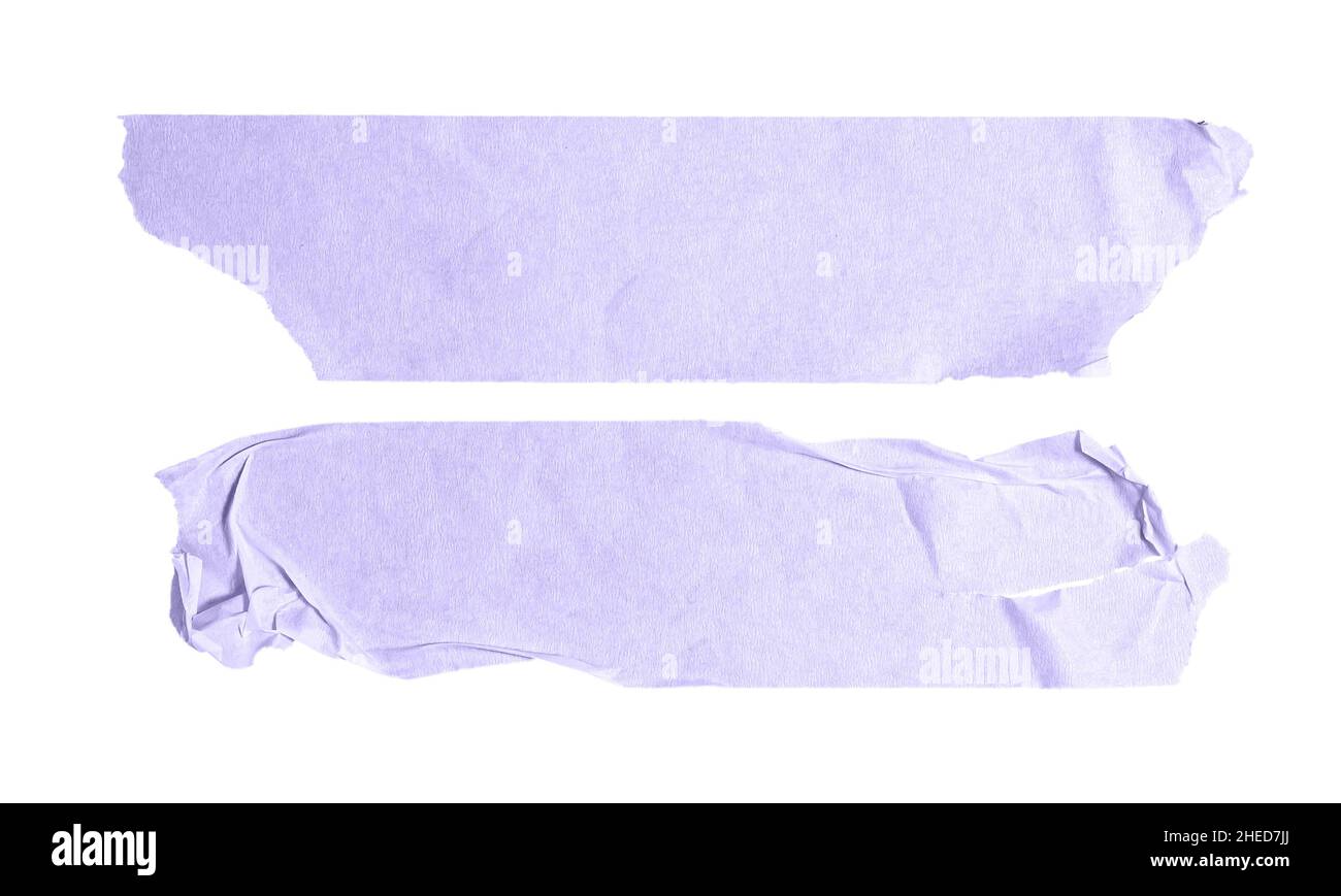 Light violet tapes. Adhesive torn, ripped purple very pei paper strips isolated on white background. Stock Photo