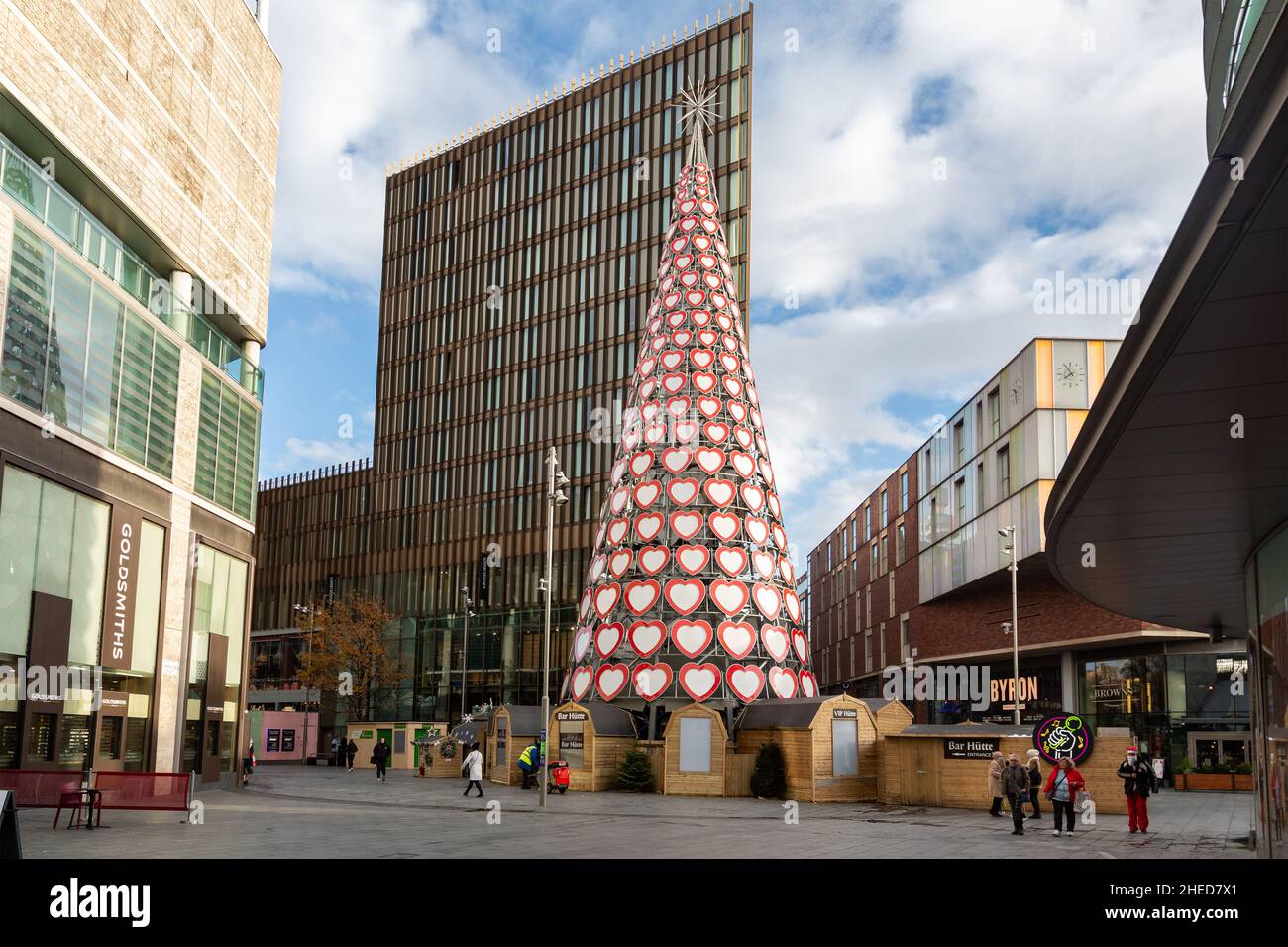 Liverpool, UK: Giant Christmas tree and Bar Hutte apres ski bar, city centre. Stock Photo