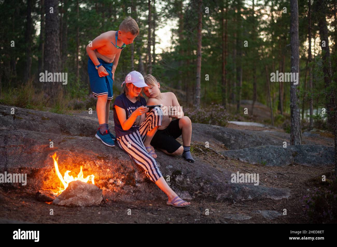 Kids playing with Nintendo Switch by campfire at Iso-Holma, Nuuksio  National Park, Finland Stock Photo - Alamy