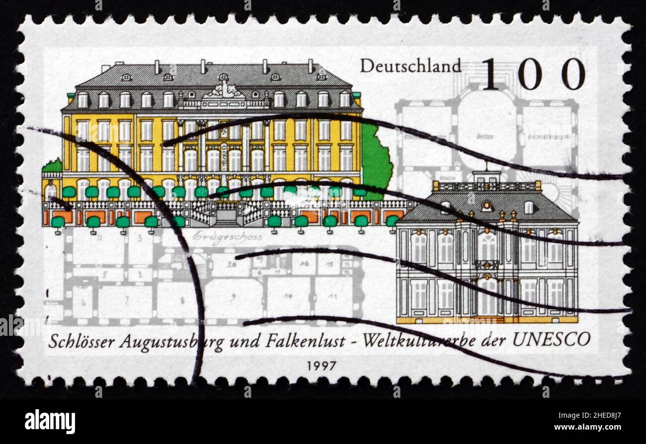 GERMANY - CIRCA 1997: a stamp printed in the Germany shows Augustusburg and Falkenlust Castles, Bruhl, UNESCO World Heritage Sites, circa 1997 Stock Photo