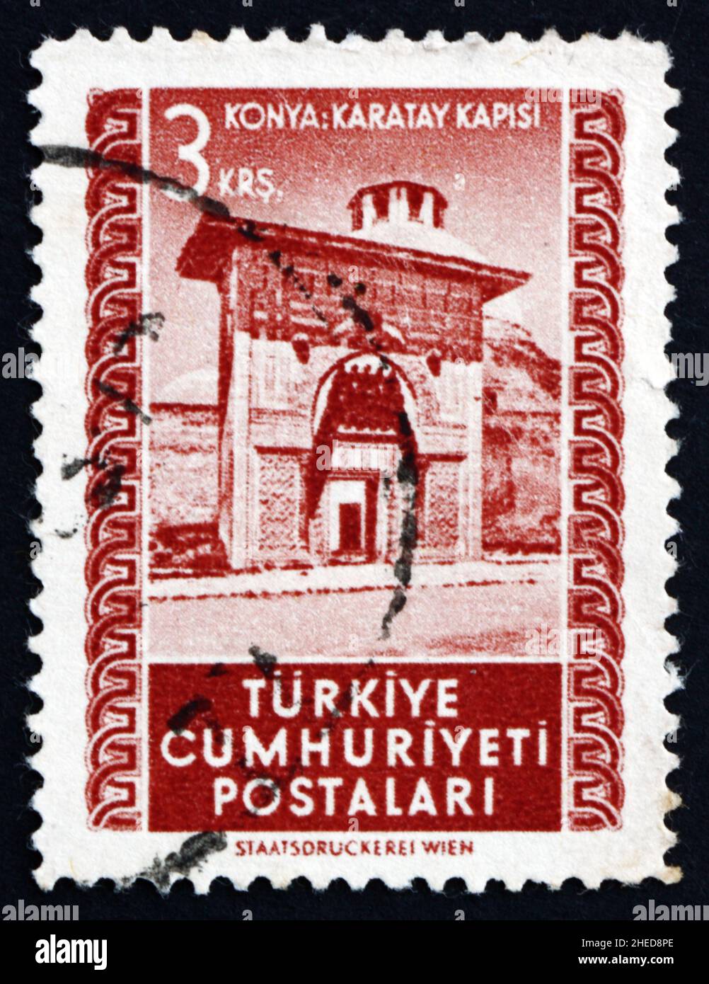 TURKEY - CIRCA 1952: a stamp printed in the Turkey shows Karatay Gate, Konya, circa 1952 Stock Photo