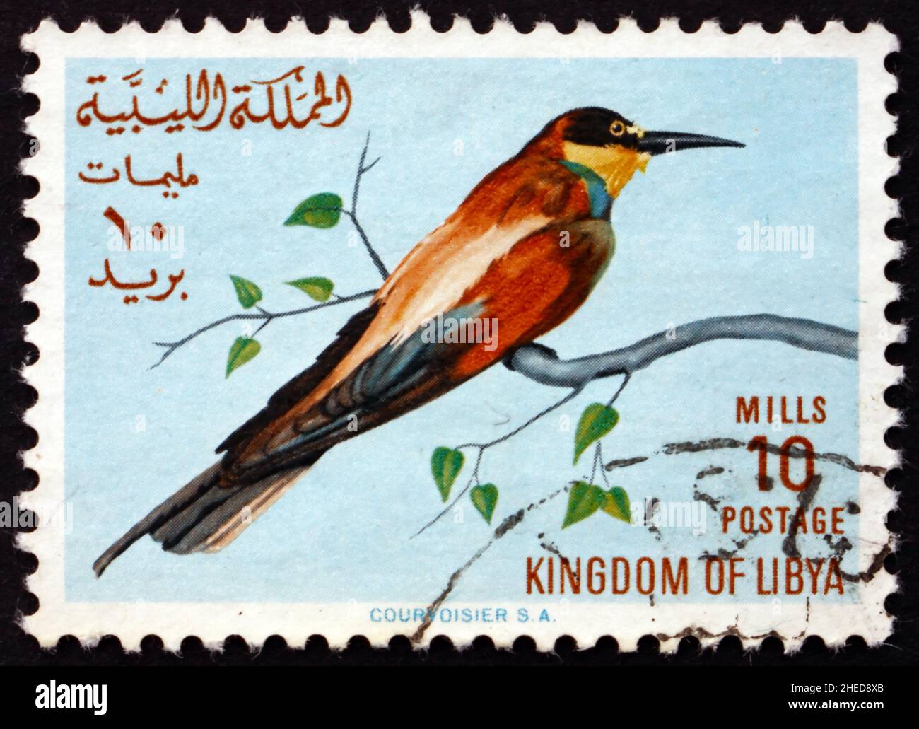 LIBYA - CIRCA 1965: a stamp printed in Libya shows European Bee Eater, Merops Apiaster, Bird, circa 1965 Stock Photo