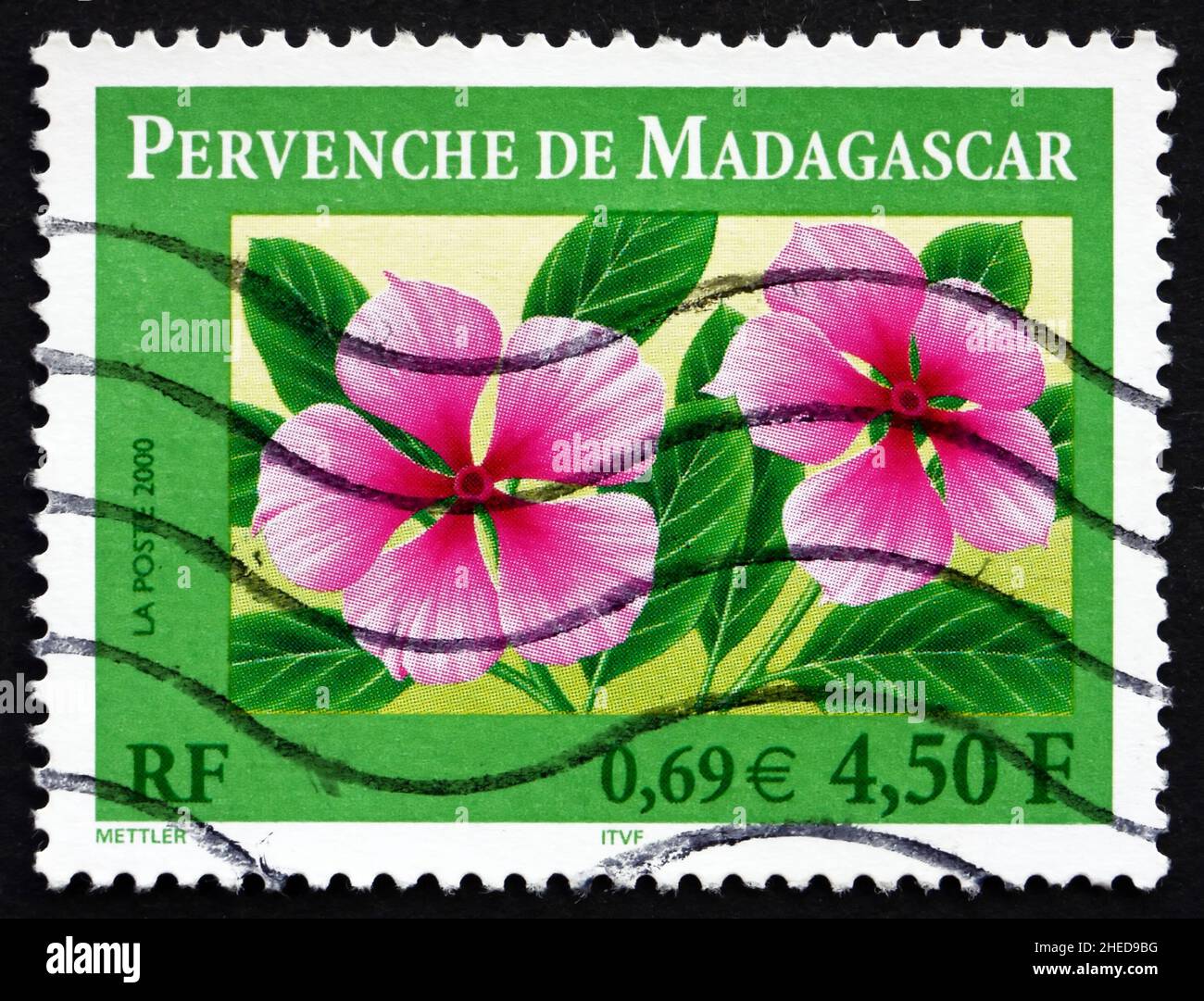 FRANCE - CIRCA 2000: a stamp printed in the France shows Madagascar Periwinkles, Catharanthus, Herbaceous Perennial Plant, circa 2000 Stock Photo