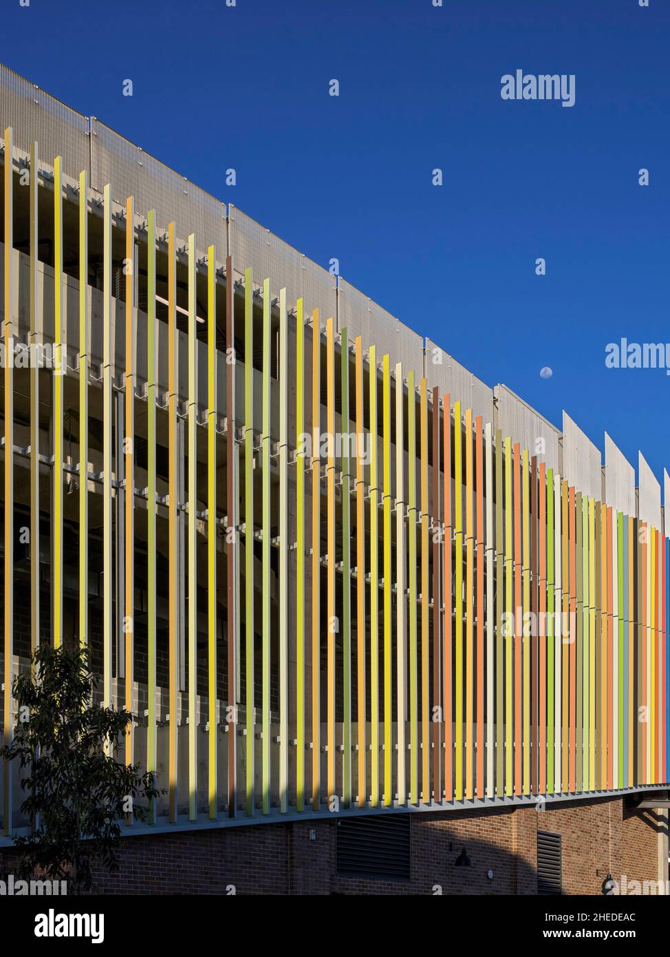 Feature brick and coloured timber batten facade. Marrickville Metro, Sydney, Australia. Architect: Hames Sharley, 2021. Stock Photo