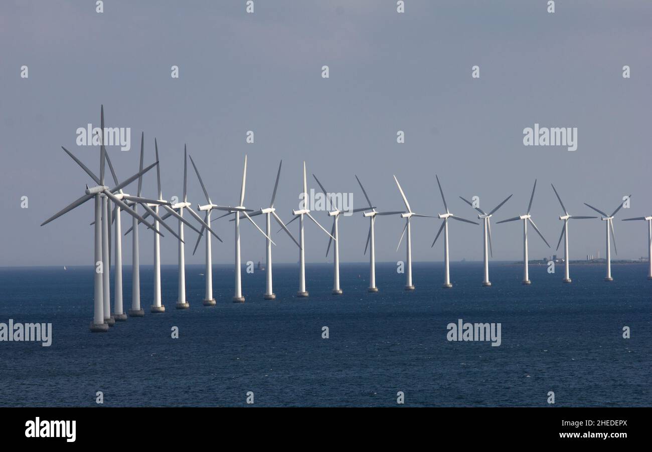 Offshore wind turbine in the approaches the Copenhagen, Denmark Stock