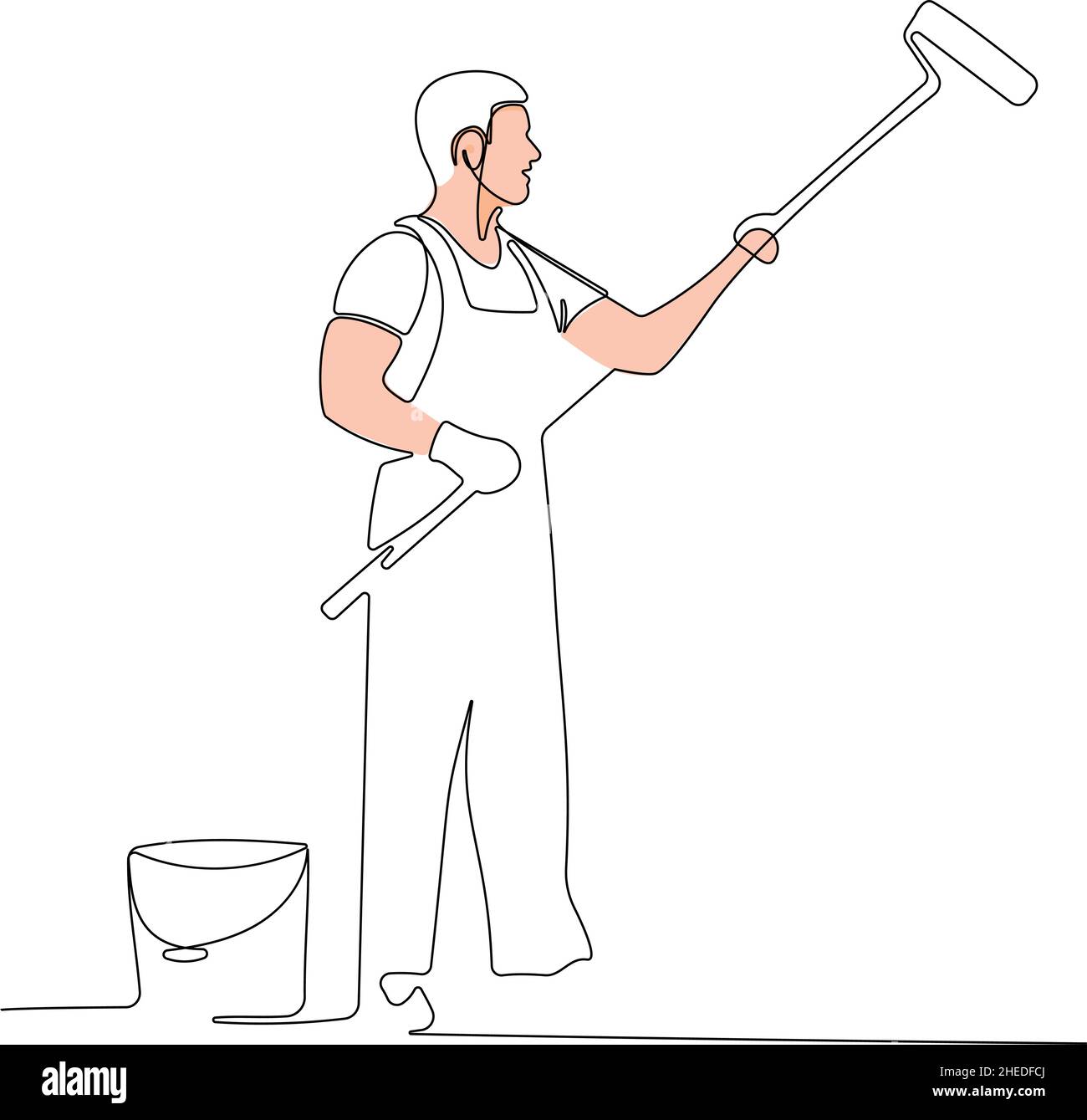 Painter wearing gloves painting wall using roller Stock Vector