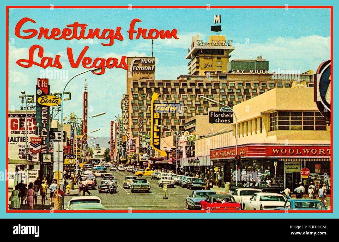 Las Vegas 1950s retro vintage postcard 1950s Fremont Street in sunshine daylight featuring Fremont Hotel and Woolworth store with 1950s American cars Las Vegas Nevada USA ‘Greetings from Las Vegas’ Stock Photo