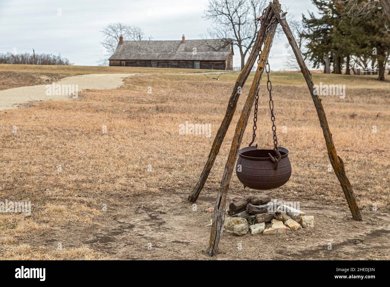 Hanover, Kansas - A camping and cooking area at the Hollenberg Pony Express Station. The Pony Express delivered mail from Missouri to California in 18 Stock Photo