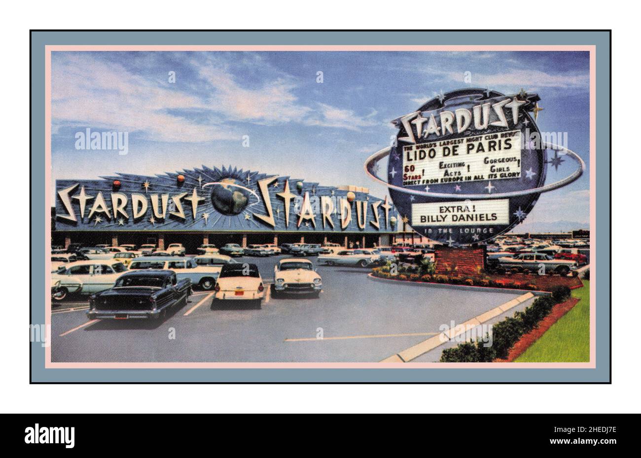 Las Vegas  Early 1960s postcard showing the Stardust hotel and casino and its distinctive round roadside sign. The building and roadside signs date back to the opening of the hotel in 1958. 'The Stardust' Lido de Paris night club revue vintage postcard retro 1950s /1960s Nevada USA Stock Photo