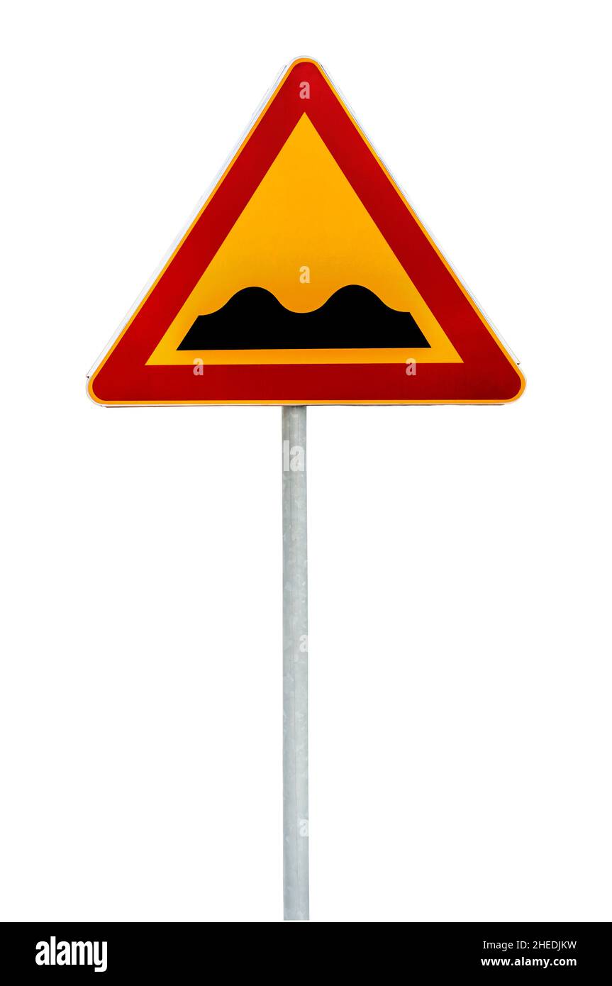 Red and yellow triangular warning road sign with a warning of a bumpy road ahead Stock Photo