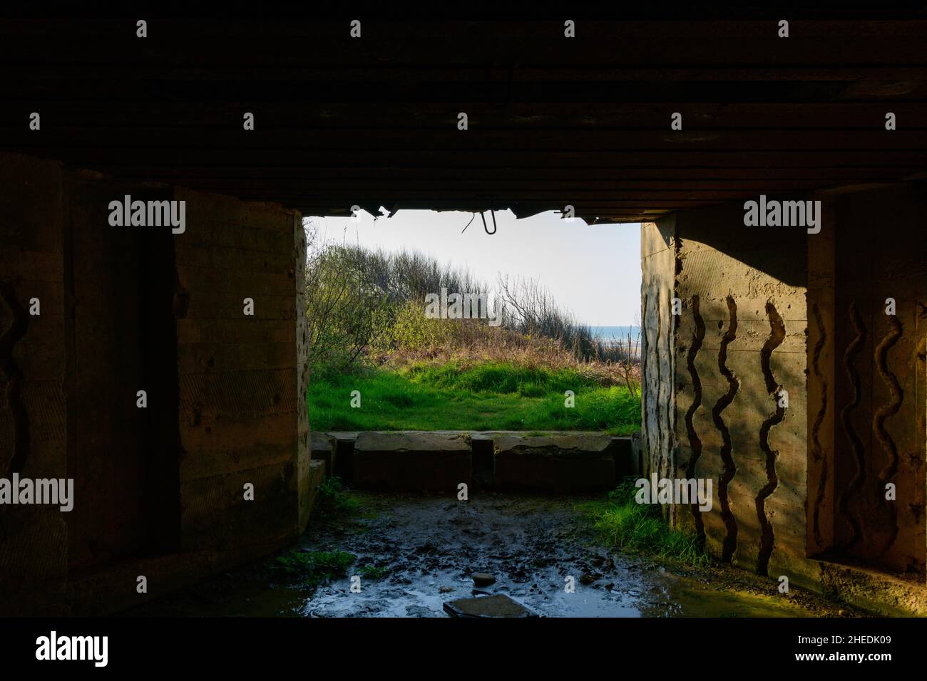 This landscape photo was taken in Europe, France, Normandy, towards Arromanches, Colleville, in the spring. We can see Omaha beach seen from bunker WN Stock Photo