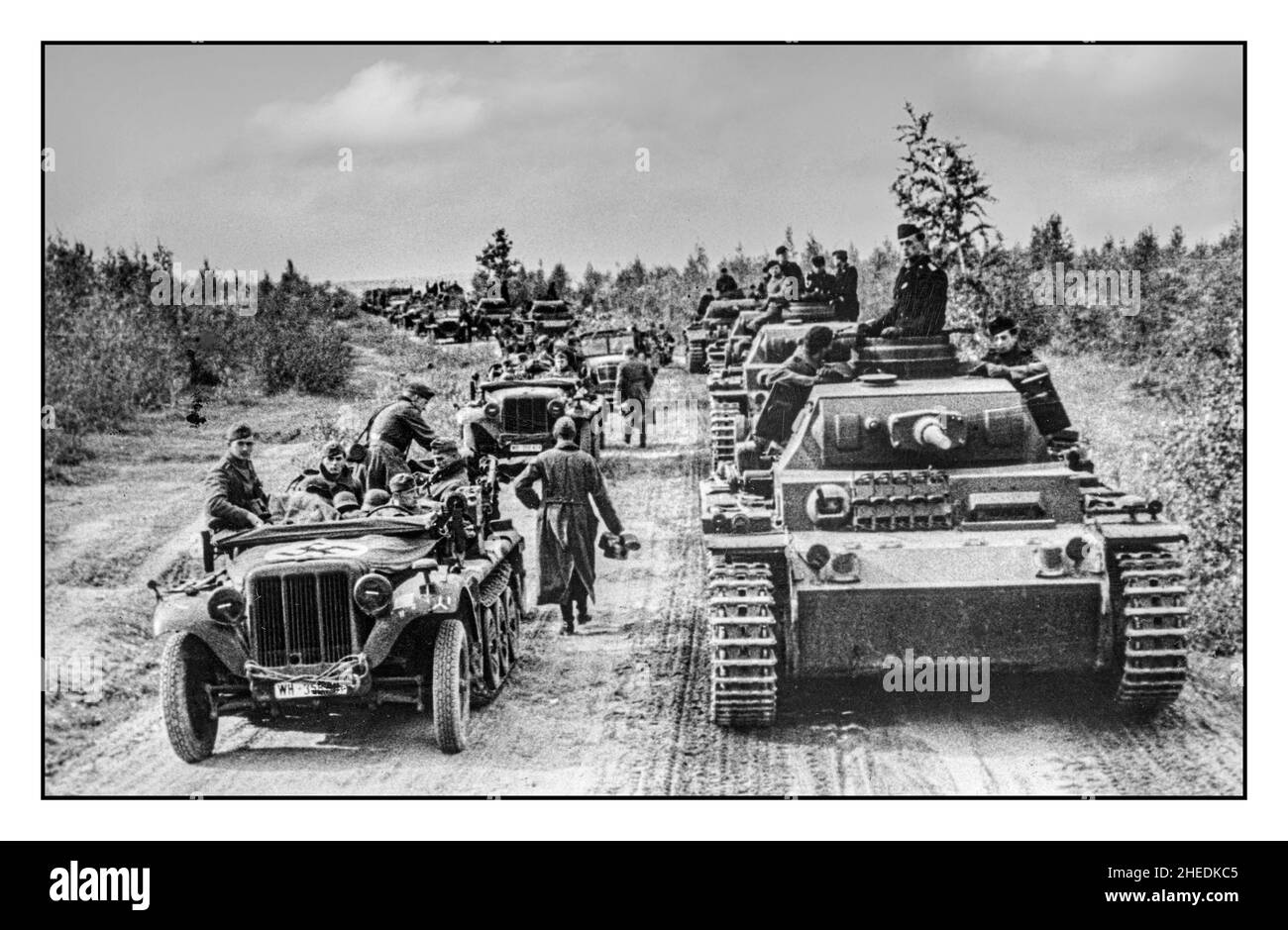 OPERATION BARBAROSSA WW2 A column of Nazi Germany  armoured forces, including PzKpfw III Ausf G tanks on a forest road on the Moscow front. 1941 Soviet Russia Operation Barbarossa, original name Operation Fritz, during World War II, code name for the German invasion of the Soviet Union, which was launched on June 22, 1941. The failure of German troops to defeat Soviet forces in the campaign signaled a crucial turning point in the war. Stock Photo