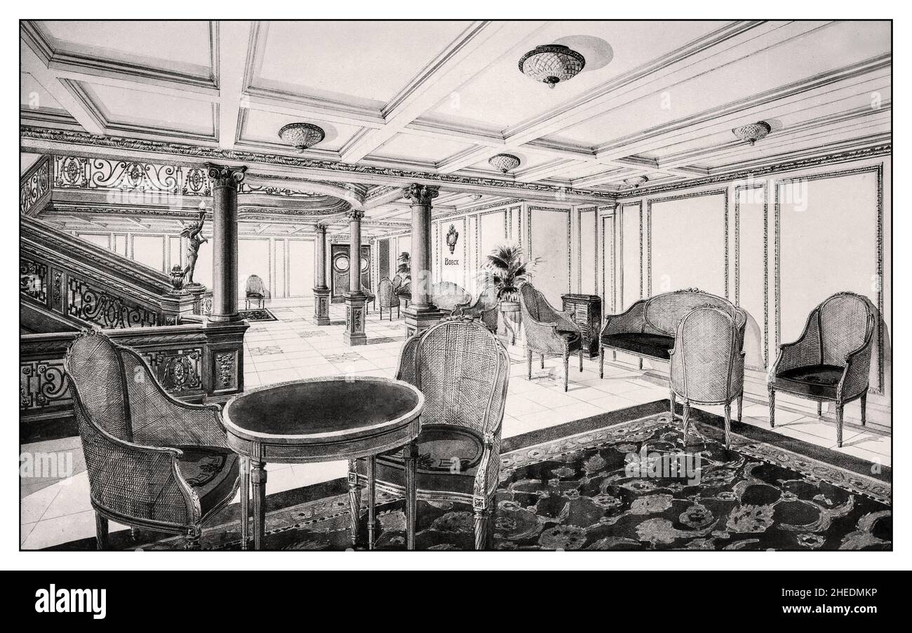 TITANIC Illustration of the 1st Class Á La Carte Restaurant Reception Room on board the Titanic, on the Bridge Deck (B Deck), ca. 1912. View to the starboard side. The doors of the Restaurant can be seen in the background. photograph was taken for the design company Aldam Heaton & Co in March 1912. The First Class Restaurant Reception Room was a lounge area where passengers could meet prior to taking their seats in the Restaurant, it was decorated in the Louis XVI style. Date circa March 1912 Stock Photo