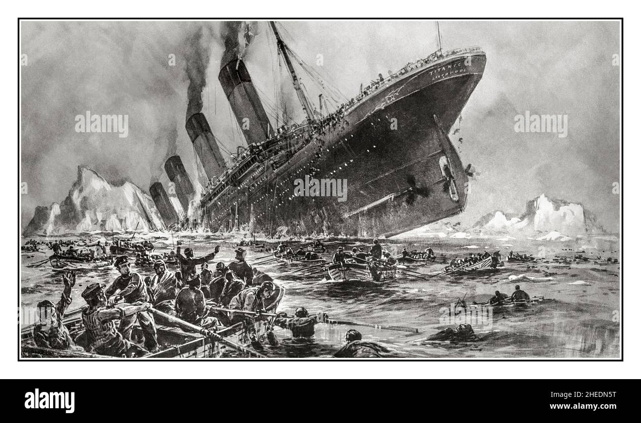 TITANIC 15th April 1912 Illustration of the tragic catastrophic sinking of the RMS Titanic, with huge loss of life. Artist Willy Stower 1912 Stock Photo