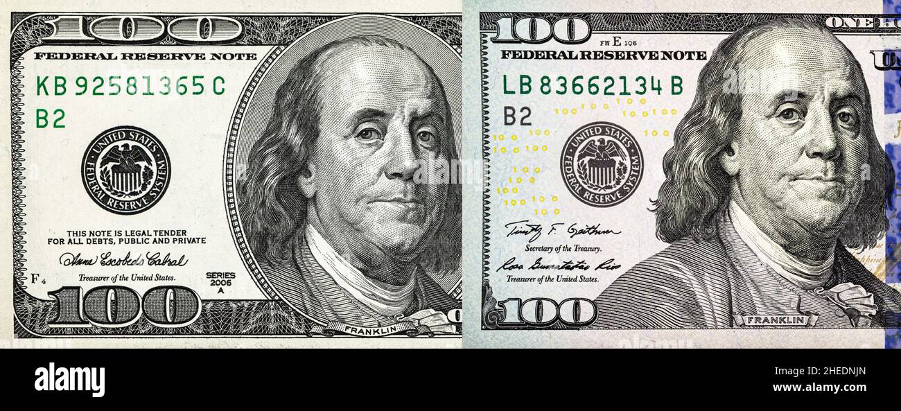 Old and new design. 100 dollar bill, USA money, the largest denomination photo Stock Photo