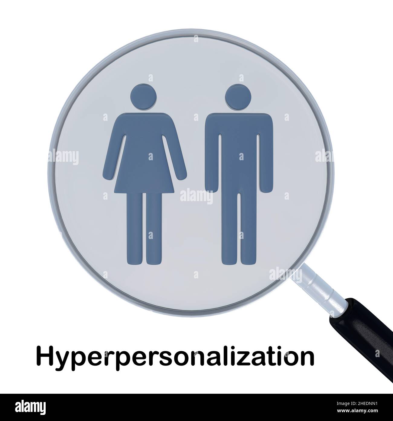 3D illustration of magnifying glass over woman and man silhouettes, with the text