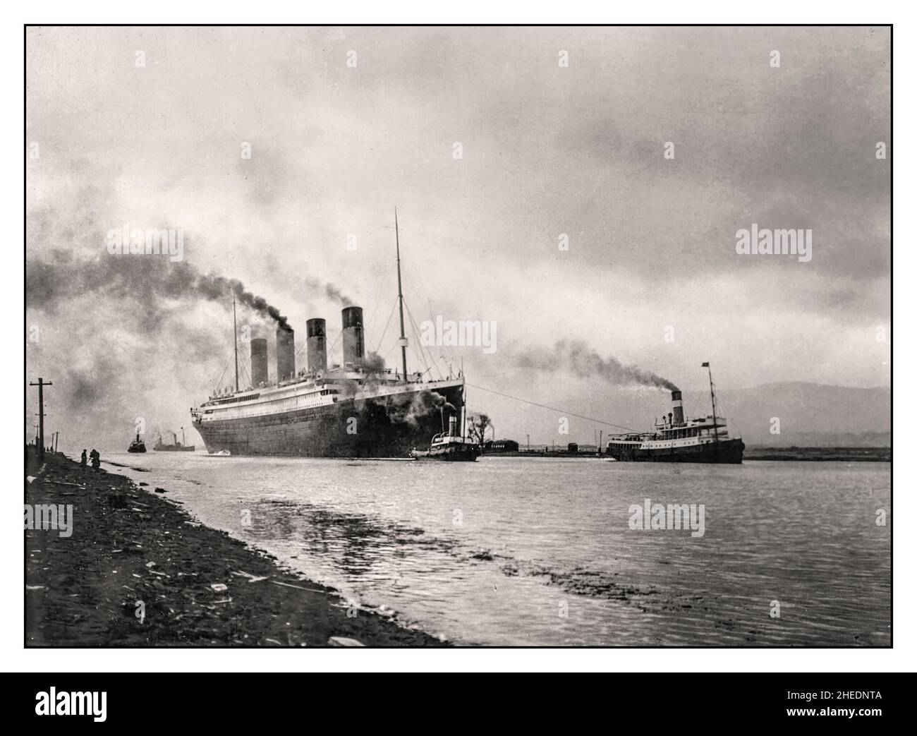 The RMS Titanic beginning a day of sea trials under steam Belfast Lough Ireland Date 2nd April 1912. Stock Photo