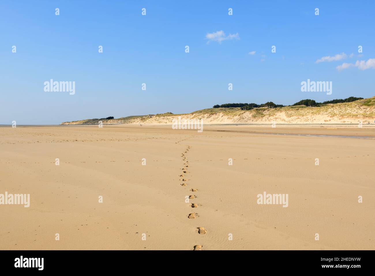 This landscape photo was taken in Europe, France, Normandy, Manche, in the spring. We see the fine sand of the beach of the Old Church, under the Sun. Stock Photo