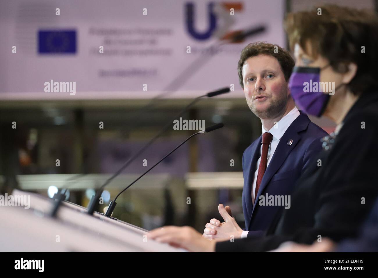 Brussels, Belgium. 10th Jan, 2022. Clement BEAUNE, French Secretary of State for European Affairs, speaks at the inauguration ceremony of the artwork of the French Presidency entitled ''L'Etoffe de l'Europe'' in the atrium of the Justus Lipsius building in Brussels, Belgium, January 10, 2022. France took over the rotating presidency of the EU Council on January 1, 2022. (Credit Image: © Valeria Mongelli/ZUMA Press Wire) Stock Photo