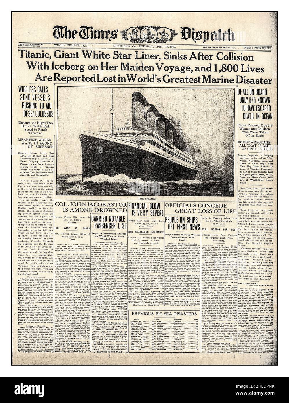 TITANIC sinking newspaper headline THE TIMES DISPATCH Richmond VA USA April 16th 1912 'Titanic, Giant White Star Liner, Sinks After Collision With Iceberg On Her Maiden Voyage.... Stock Photo