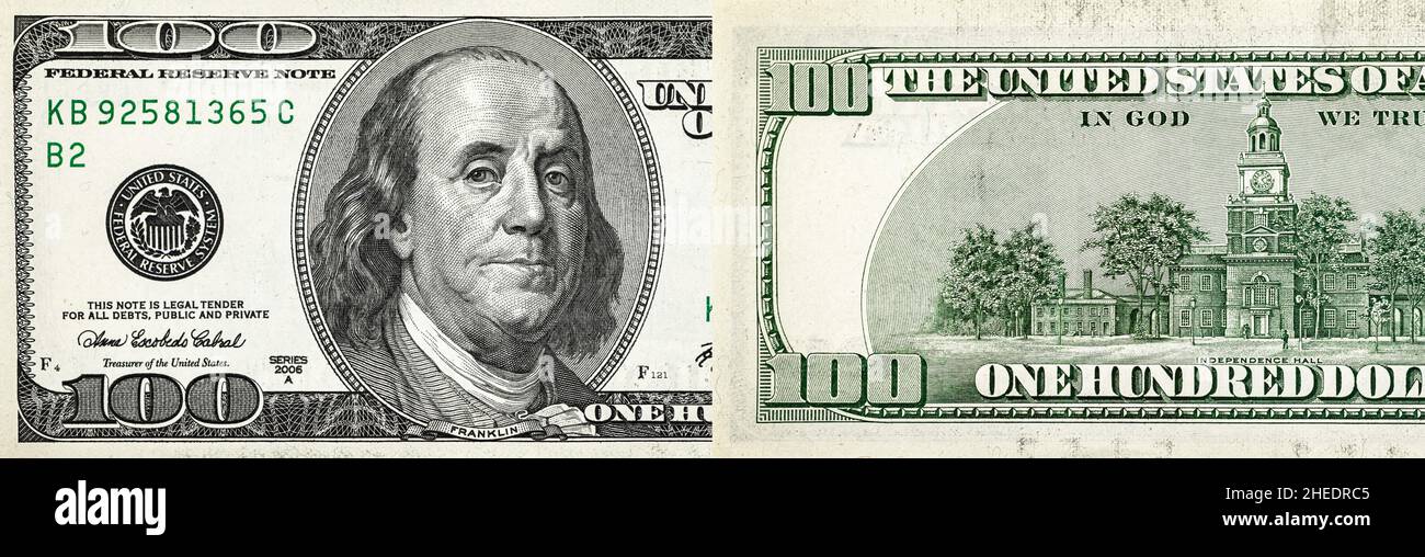 100 dollar bill, USA money, two sides photo, the largest denomination