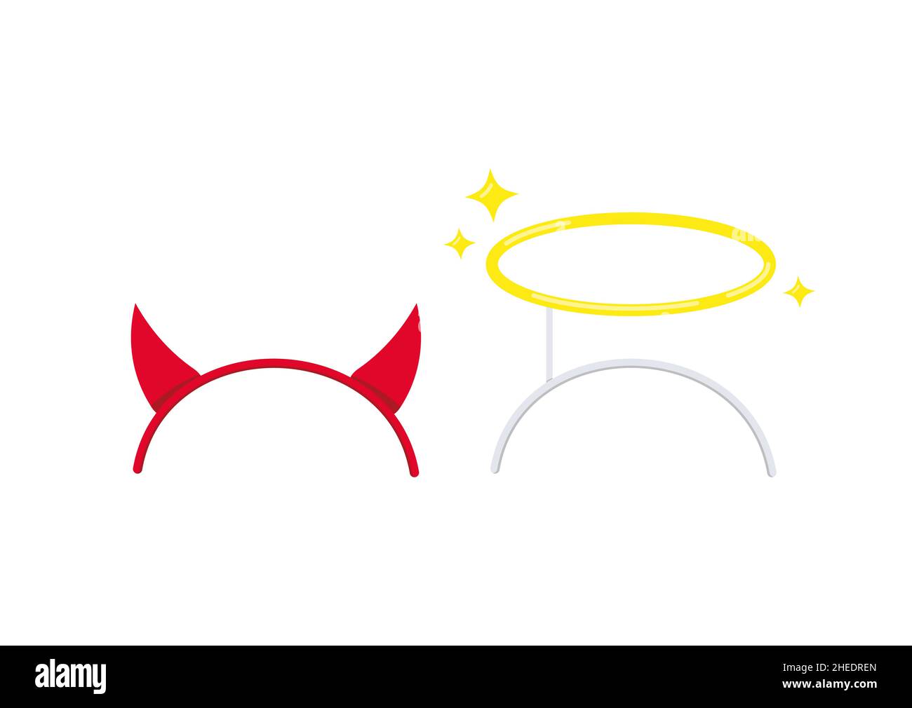 Devil horns and angel gold halo on headband set isolated on white