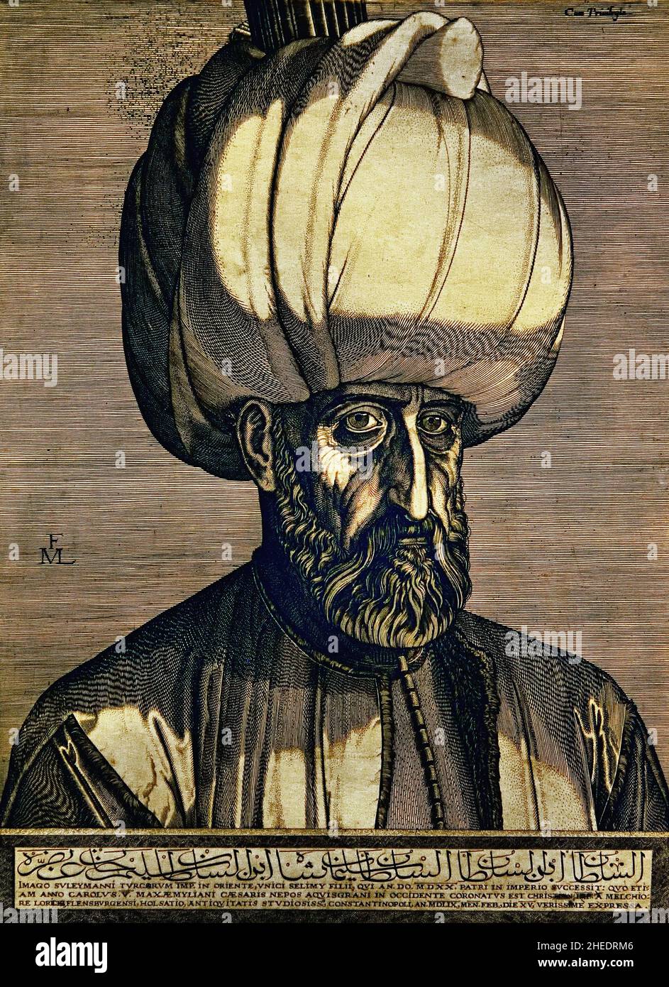 Portrait of Sultan Suleyman the Magnificent  by Melchior Lorck. Melchior Lorichs  1526-1598 (Suleiman I, commonly known as Suleiman the Magnificent in the West and Suleiman the Lawgiver in his realm, was the tenth and longest-reigning Sultan of the Ottoman Empire from 1520 until his death in 1566.) Stock Photo