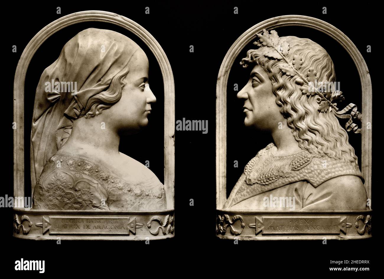 Beatrice of Aragon, queen consort of Hungary  and Matthias Corvinus, King of Hungary 1476 bust relief by Benedetto da Maiano (Florence, 1442 - 1497) was an Italian sculptor of the Early Renaissance.  Italian, Italy, Stock Photo