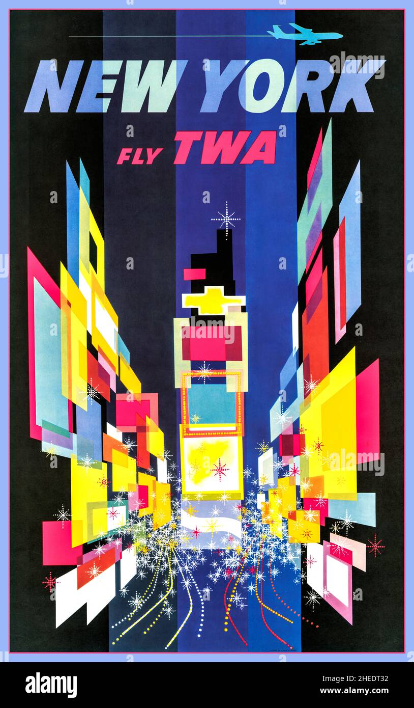 TWA Vintage New York 1950s TWA Graphic Colourful Aviation Poster by DAVID KLEIN  NEW YORK / FLY TWA. 1956. Stock Photo