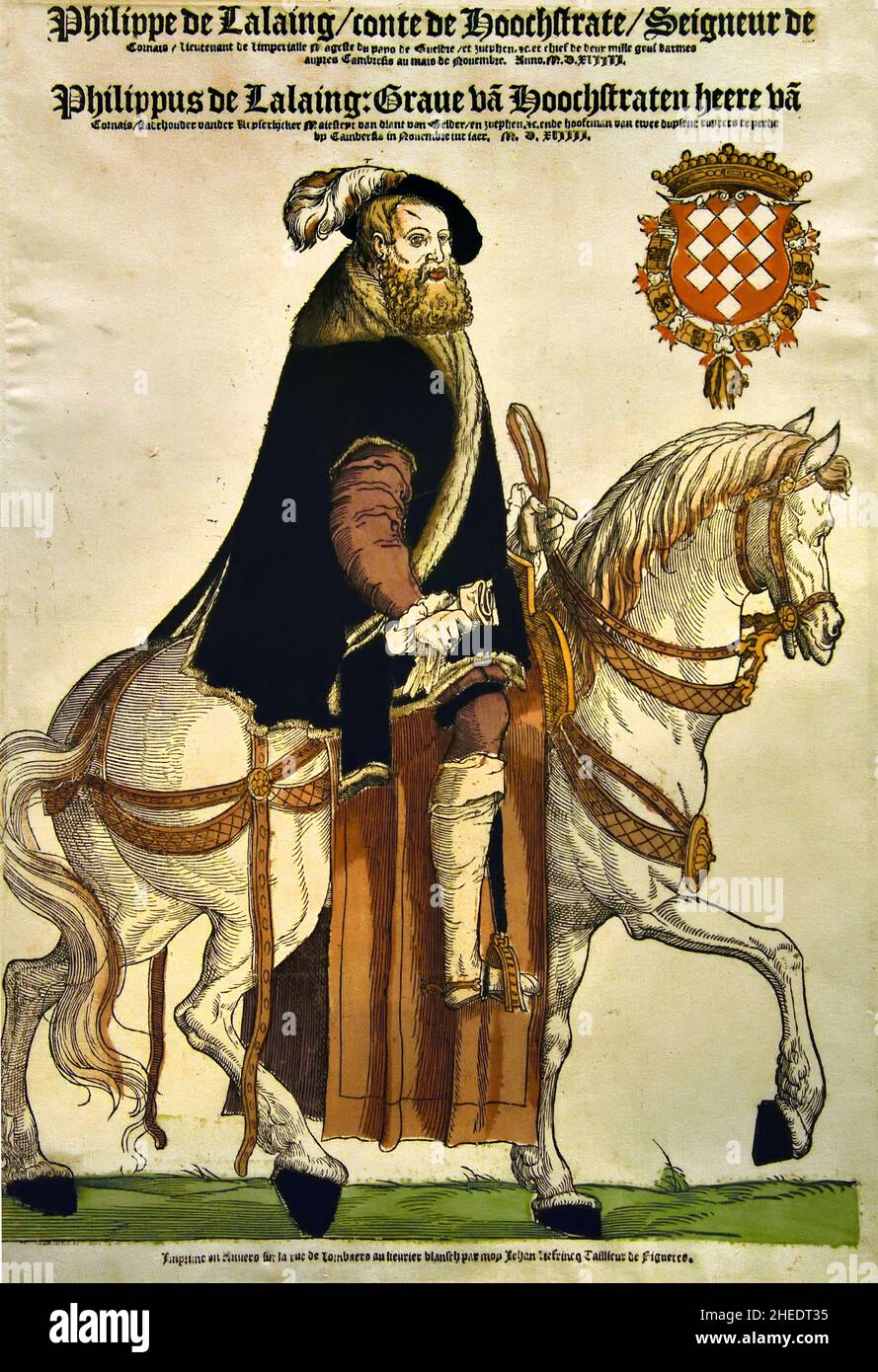 Portrait of Philip van Lalaing on horseback  1543 ,woodcut / hand-colour printmaker, Cornelis Anthonisz. publisher Hans Liefrinck, Antwerp , Belgian, Belgium, Flemish, The Netherlands, Philip de Lalaing, 2nd count of Hoogstraten  after 1555 was stadtholder of Jülich 1543 and Guelders 1544 - 1555. Stock Photo