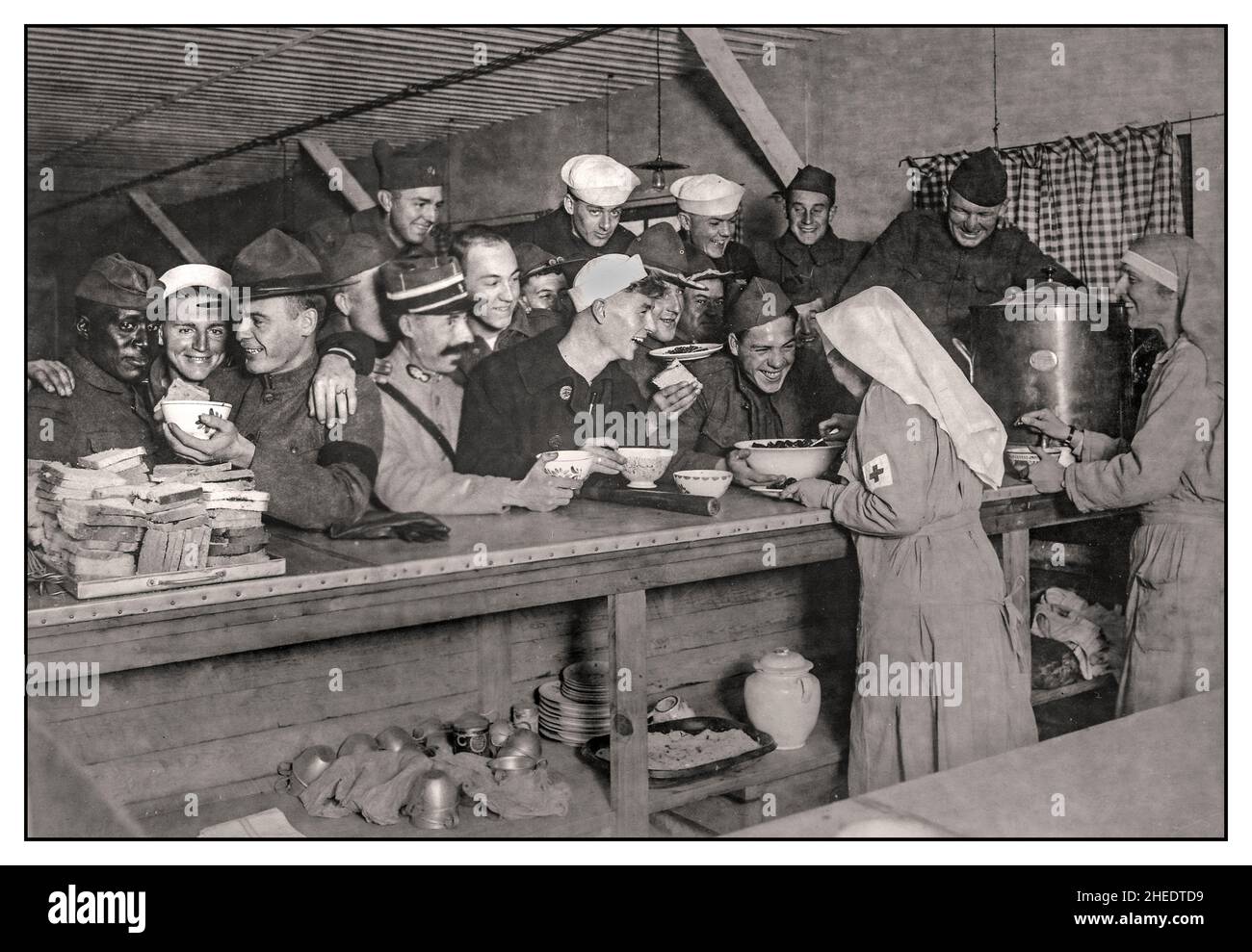World War 1 Scene at American Red Cross Canteen at the station of Bordeaux, France, where soldiers of the Allied Armies get lunches, tobacco, etc. with American Red Cross. in attendance 10/1918 WW1 Red Cross Stock Photo
