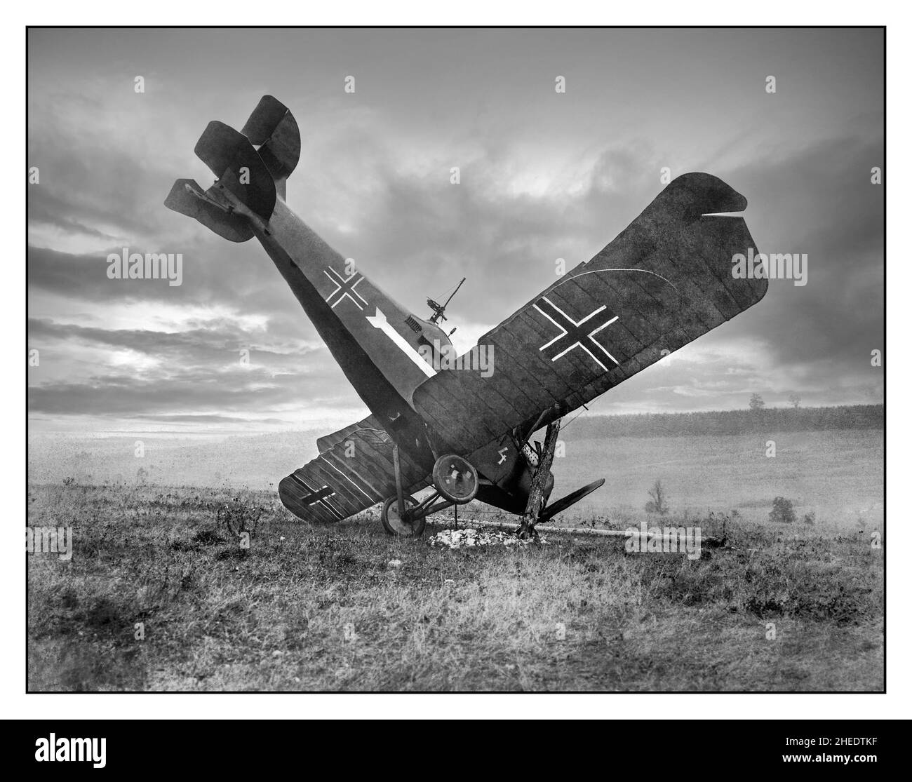 World War 1 German Bi-plane CL.IIIa (serial no. 3892/18) brought down in the Forest of Argonne by American machine gunners between Montfaucon and Cierges, France, showing black crosses with white fimbriation, 4 October 1918. Photographed by Pvt. J. E. Gibbon. The Hannover CL.III was a German military aircraft of World War I. It was a two-seat multi-role aircraft, primarily used as a ground attack machine. Stock Photo