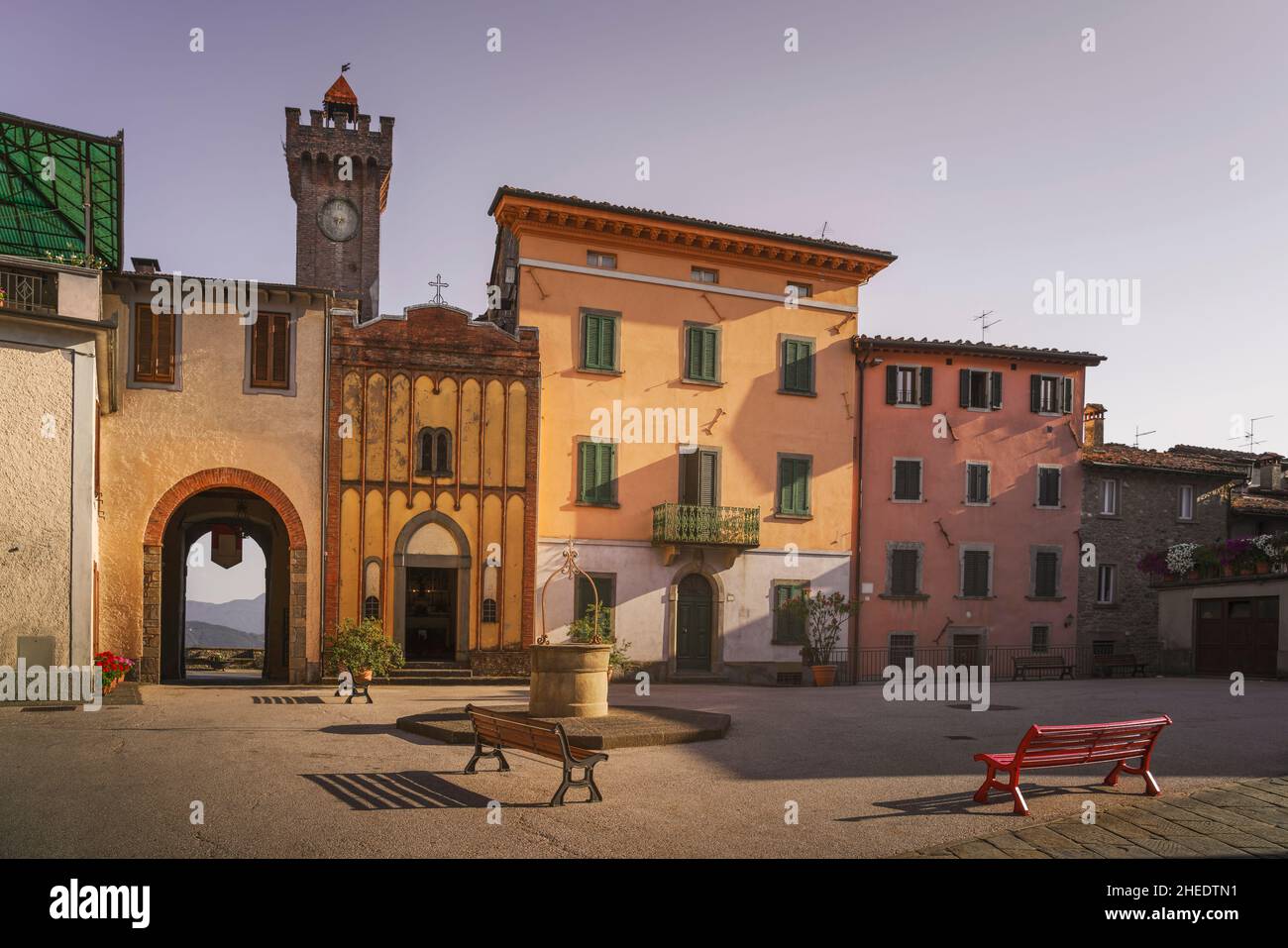 Castiglione della Garfagnana old town, main square with the well. Tuscany, Italy Europe Stock Photo