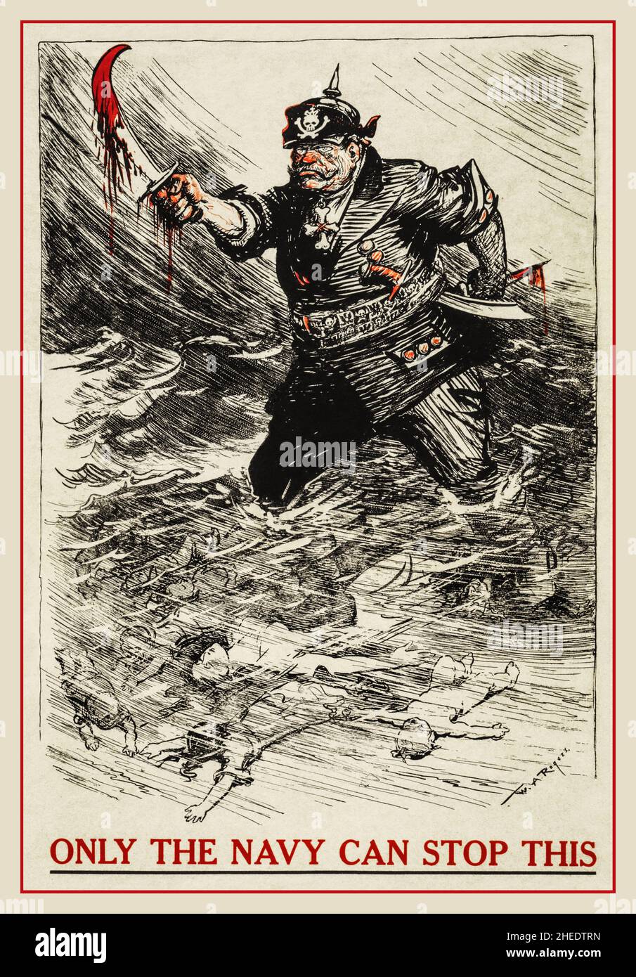 A WWI American Recruitment poster, using a New York Herald cartoon by W.A. Rogers. Shows a German with blood stained cutlass wading through a sea of dead bodies, with the slogan 'Only the Navy can Stop This'. Reference to the U-boat campaign sinking civilian ships, such as the Luisitania World War 1 First World War USA Germany Stock Photo