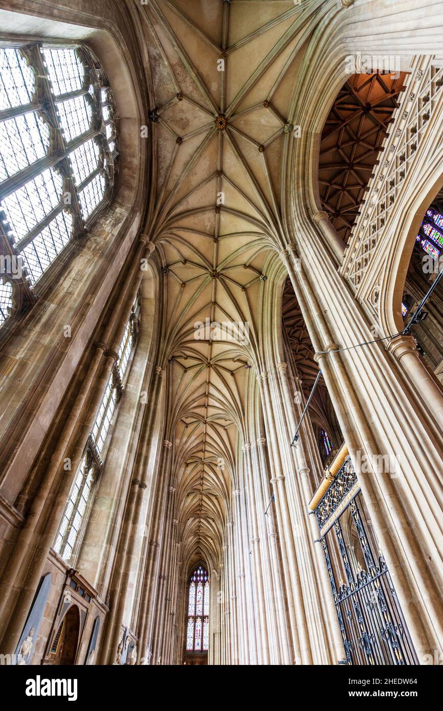 Interior of Canterbury Cathedral. View straight up to the vaulted ceiling and arches of the windows and of the Nave. Stock Photo