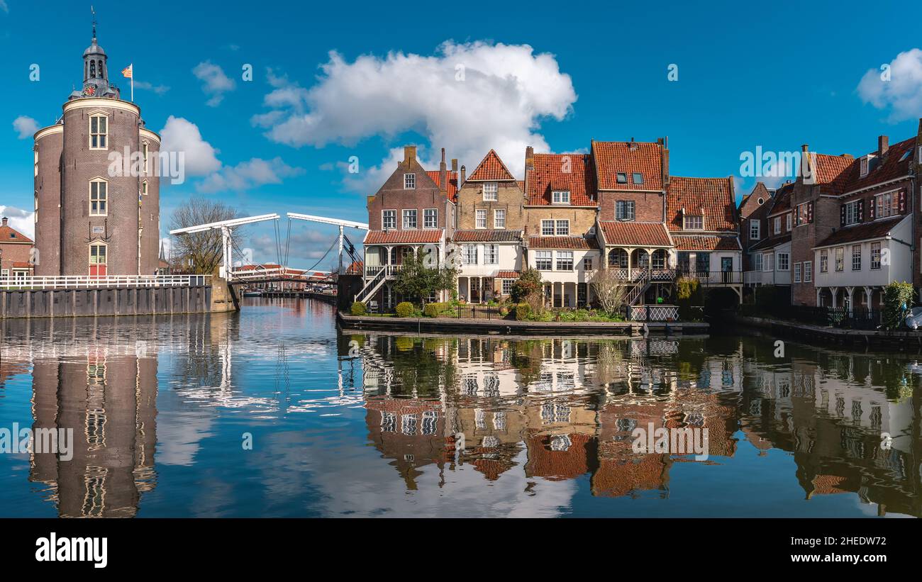 Enkhuizen a city in the Netherlands. Left building is the Drommedaris it is the southern gateway Stock Photo