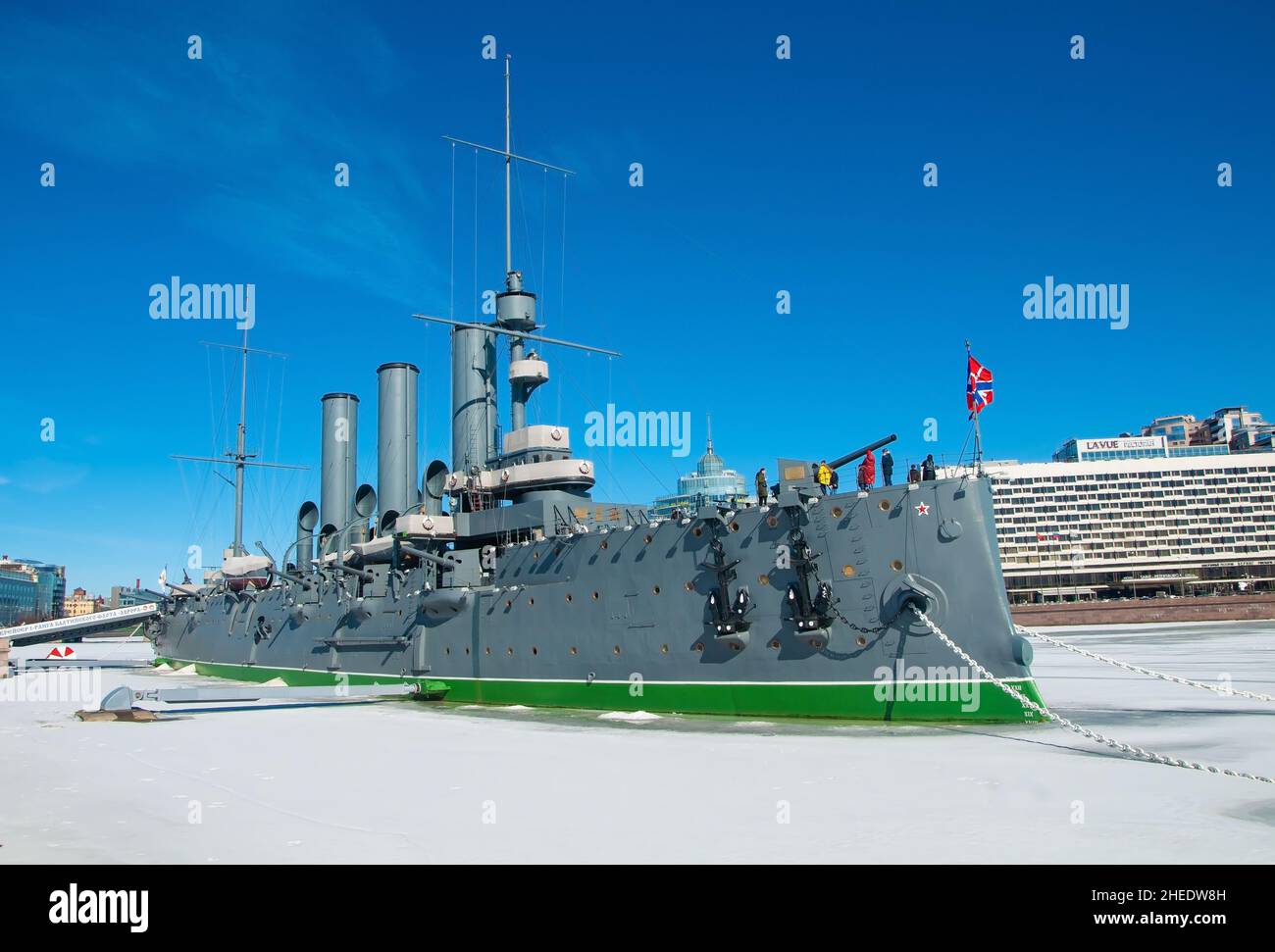 ST. PETERSBURG, RUSSIA - March 27 , 2021: Aurora cruiser, the symbol of the October revolution Stock Photo