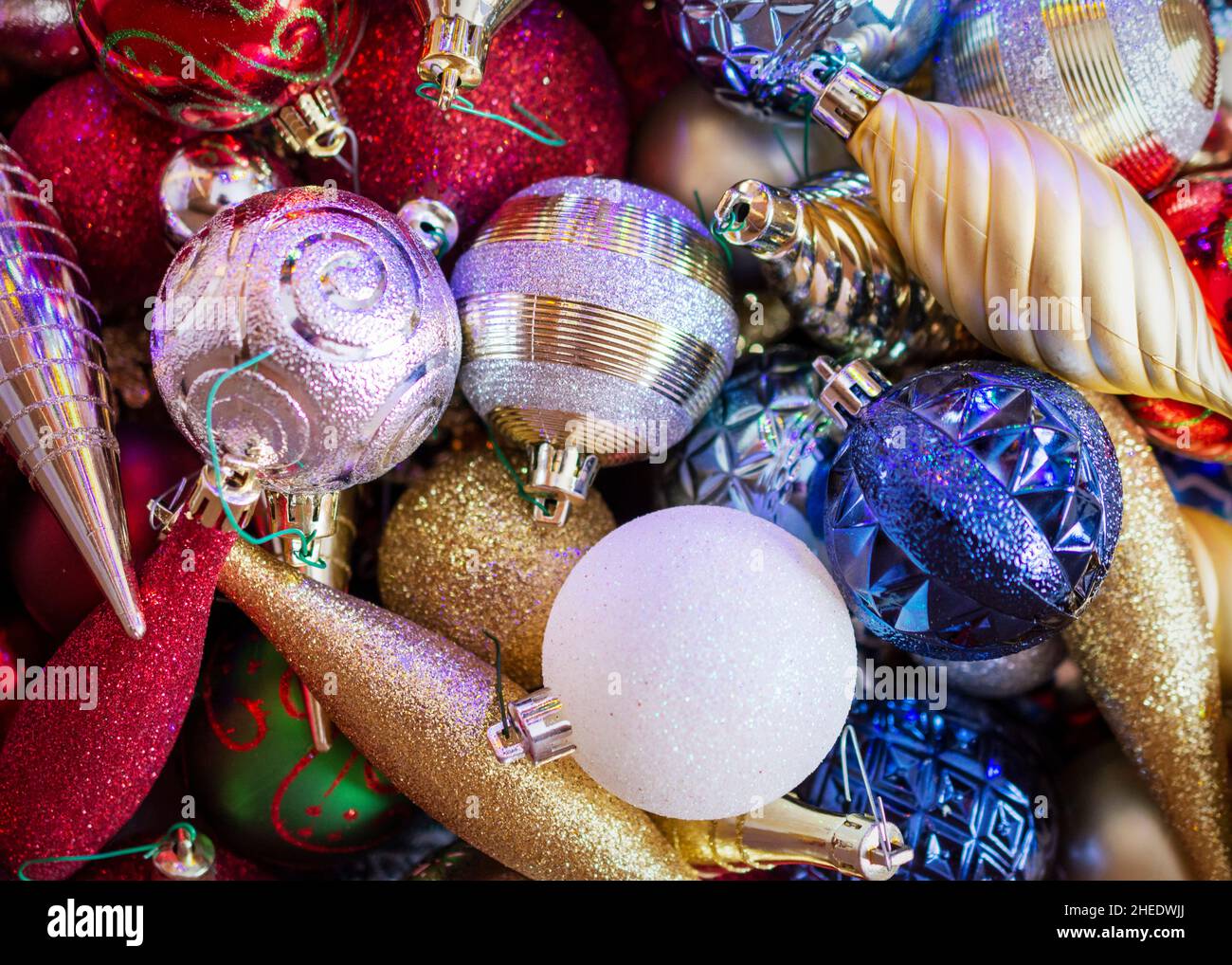 A collection of Christmas tree ornaments. Stock Photo