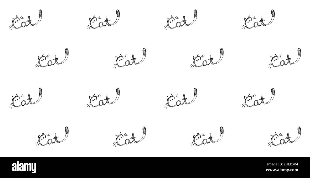 Seamless pattern with repeating cat lettering. Shape of cat isolated on white background. Print of cute hand lettering. For kidstuff design Stock Vector